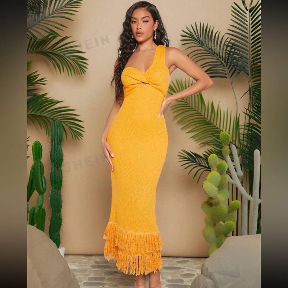 SHEIN VCAY One Shoulder Fringe Hem Dress